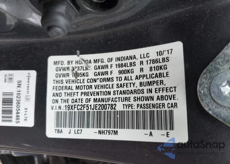 2018 Honda Civic Lx из США, поврежденный, VIN 19XFC2F51JE200782